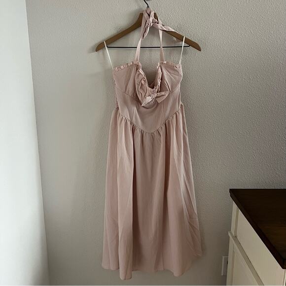 NWT Shein Mod Light Pink Pinafore Pin Up Dress Halter Tie Back Smocking Midi L - Picture 1 of 7